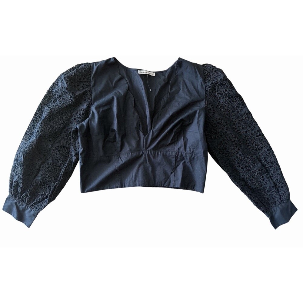 Abercrombie Fitch Black Eyelet Lace Crop Top Smocked XL Blouse Long Sleeve